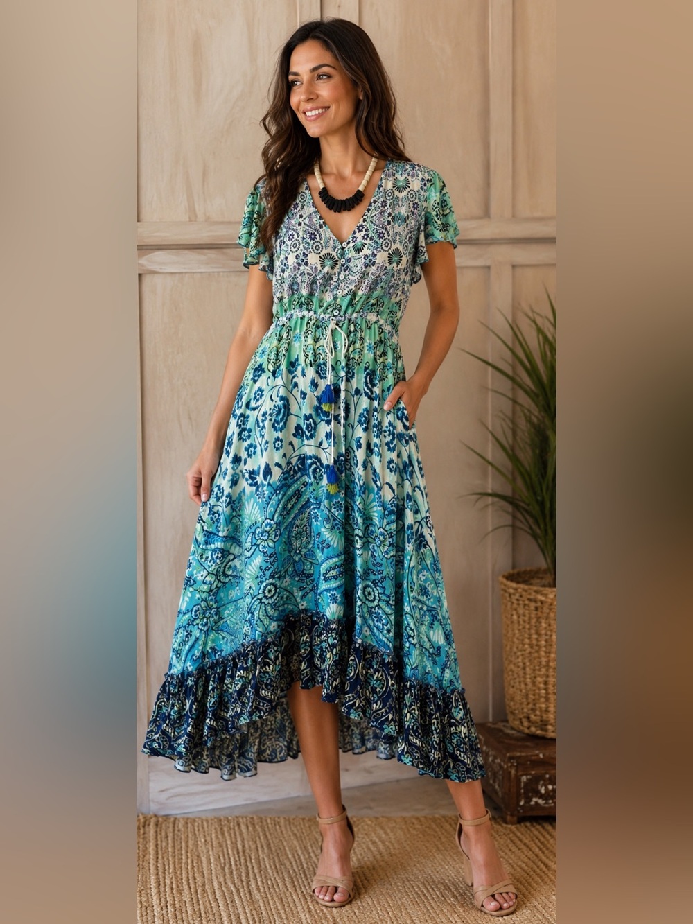 Boho Paisley Floral Midi Dress V-Neck Flutter Sleeve Tie Waist Flowy XL